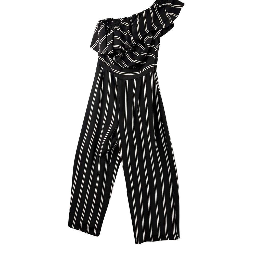 Laundry Shelli Segal Striped Black One Shoulder Ruffle Jumpsuit - Size 4 - Picture 3 of 7
